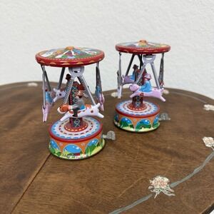 Vintage Wind Up Carousel Tin Toy Metal Collectible Clockwork Set Of 2 No Box